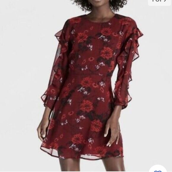 Lucky Brand Burgundy Floral Sheer Long Ruffle Sleeve Dress - Picture 1 of 9